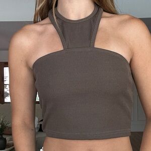 Brown Halter Neck Ribbed Crop Top